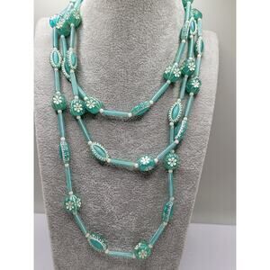Vintage 1960s Japanese Carved Lucite Aqua Floral Bead Necklace 54 Inch Long